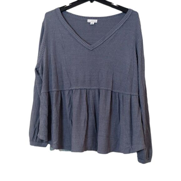 LA Threads Womens Size 2X Dusty Blue Ruffle V Neck Long Sleeve Peplum Blouse Top - Picture 1 of 9